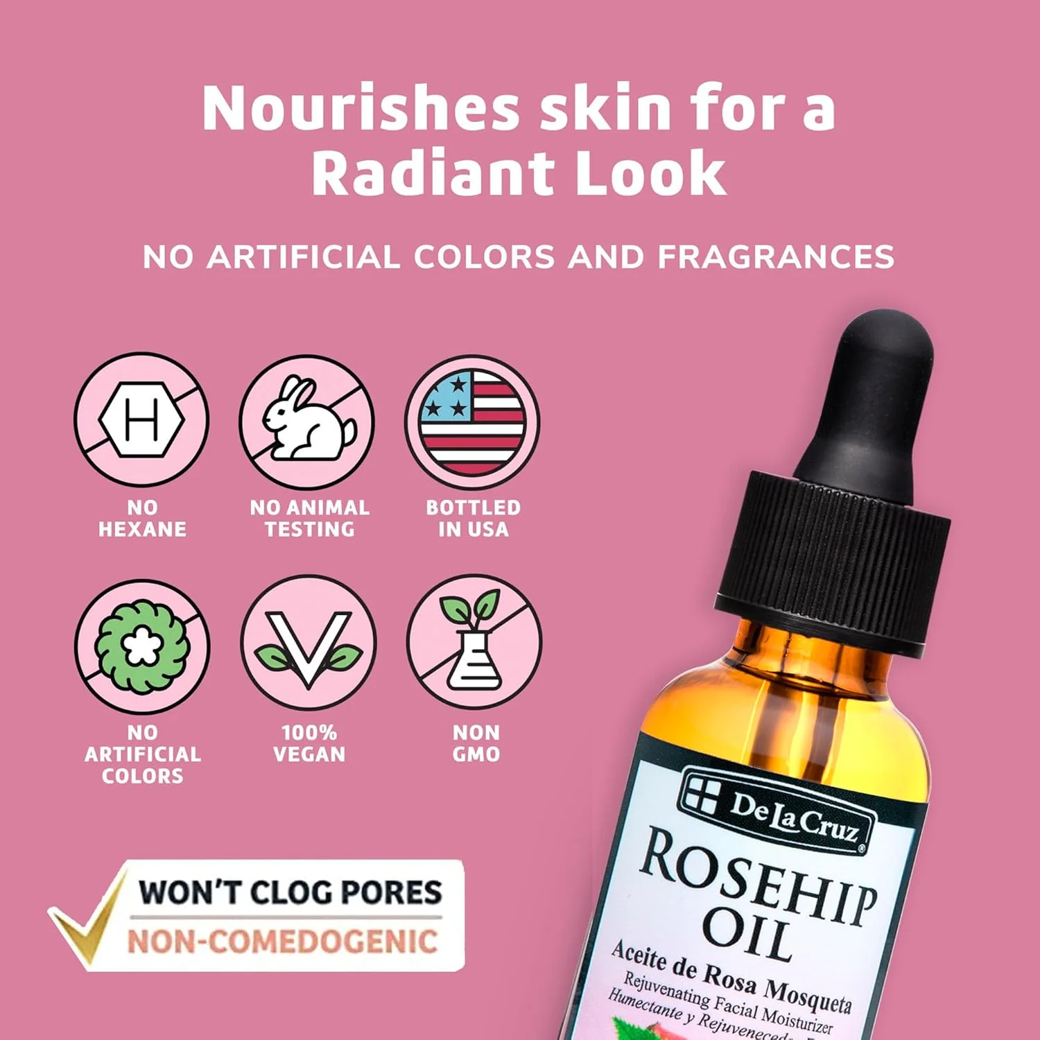 De La Cruz Pure Chilean Rosehip Oil, Cold Pressed, Facial Moisturizer, 1 FL. OZ. - Image 3