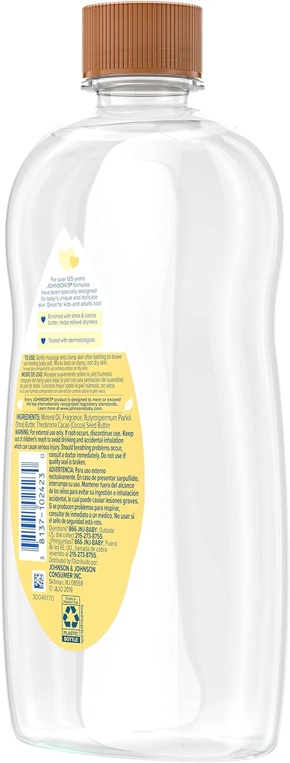 Johnson's Baby Oil, Mineral Oil Enriched with Shea & Cocoa Butter to Prevent Moisture Loss, Hypoallergenic, 20 fl. oz - Image 3